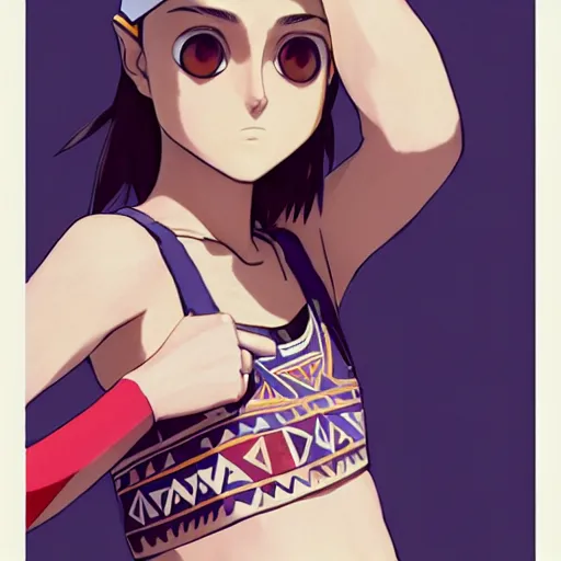 Image similar to beautiful boyish natalie portman alluring gravure model in majora's mask, wearing wooden mask and baseball cap and leotard, street wear with subtle mayan patterns, aztec bathing suit, gapmoe yandere grimdark, trending on pixiv fanbox, painted by greg rutkowski makoto shinkai takashi takeuchi studio ghibli, akihiko yoshida