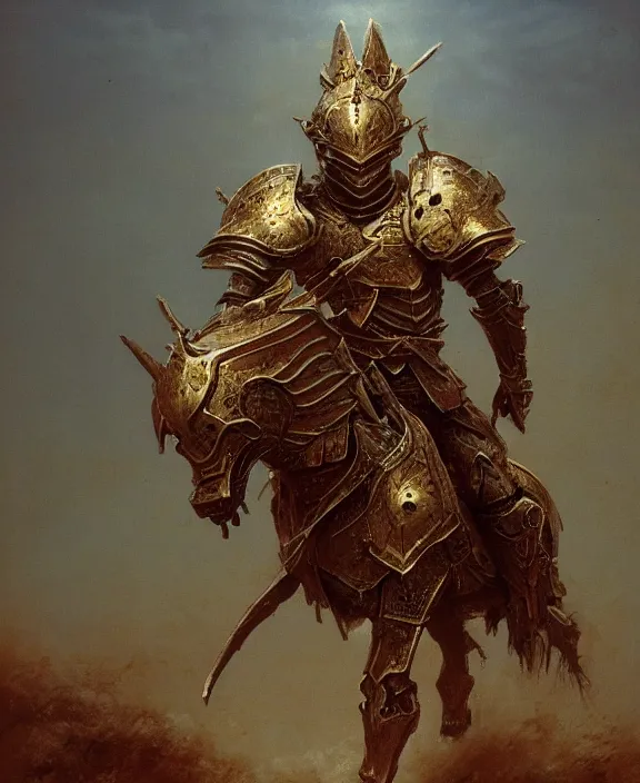 Image similar to royal knight in golden sun ornament armor, dismounted, beksinski, trending on artstation