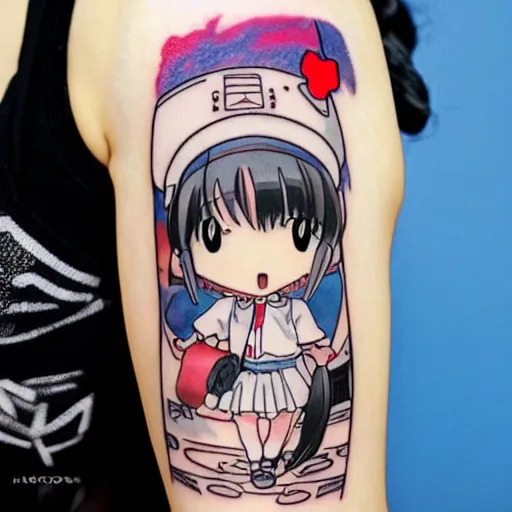 Image similar to anime manga catgirl robotic manga catgirl chibi kawaii by Hayao Miyazaki and Naoko Takeuchi, upper arm tattoo