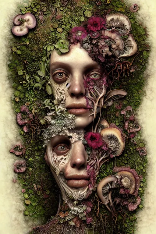 Image similar to beautiful and detailed rotten woman corpse with fractal plants and fractal flowers and mushrooms growing around, face muscles, veins, arteries, intricate, ornate, surreal, ray caesar, john constable, guy denning, dan hillier