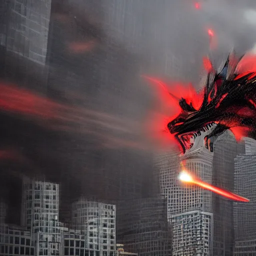 Prompt: a black dragon with red eyes, firing on new york city,