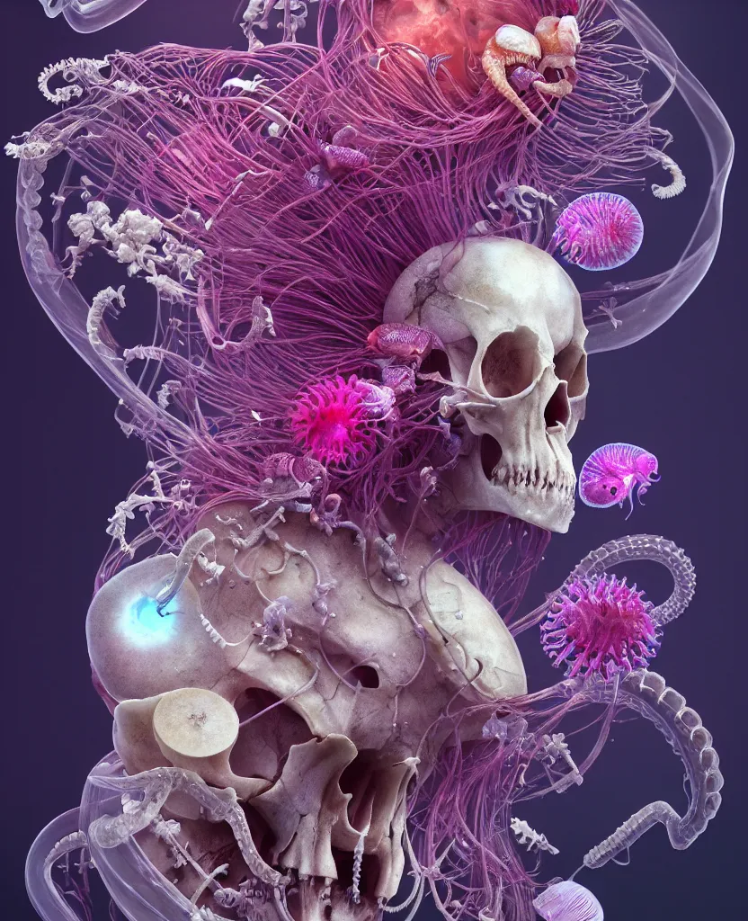 Image similar to goddess close-up portrait ram skull, thorax, x-ray, backbone, jellyfish phoenix head, nautilus, orchid, skull, betta fish, bioluminiscent creatures, intricate artwork by Tooth Wu and wlop and beeple. octane render, trending on artstation, greg rutkowski very coherent symmetrical artwork. cinematic, hyper realism, high detail, octane render, 8k