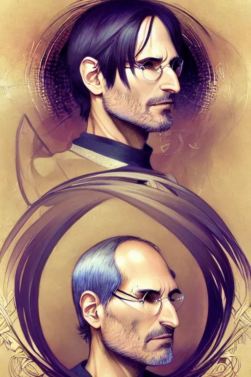 Image similar to steve jobs as an anime character, portrait, fantasy, intricate, elegant, highly detailed, digital painting, artstation, concept art, smooth, sharp focus, illustration, art by gaston bussiere and alphonse mucha