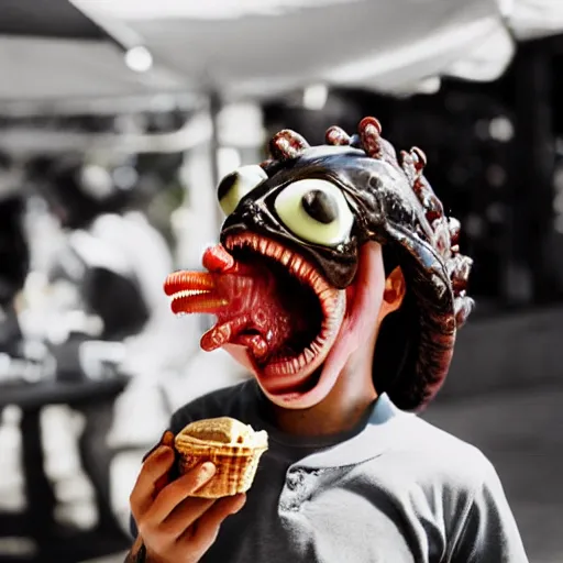 Image similar to xenomorph eating ice cream on a hot sunny day, photography