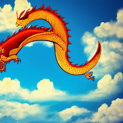 Prompt: A huge dragon, flying in the blue sky