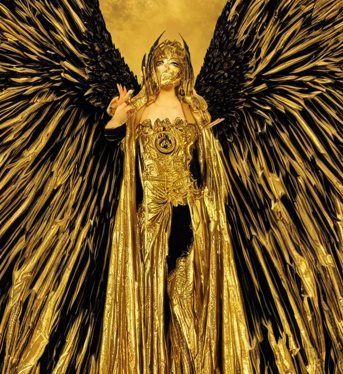 Image similar to full length picture of the angel of death wearing black robes with gold wings in an elaborate cathedral, high octane, 8k, ultra detailed, photorealistic