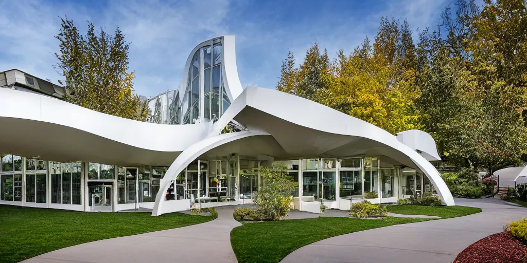 Prompt: residence in the style of seattle's pacific science center, white crisscrossing arches, fountains