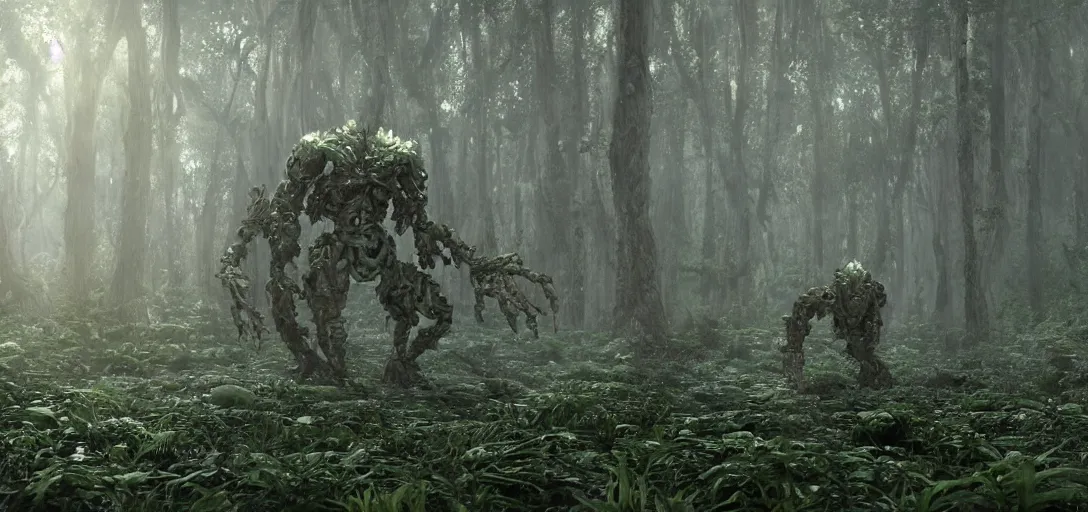 Image similar to a complex organic fractal 3 d metallic symbiotic ceramic humanoid megastructure creature in a swampy lush forest, foggy, sun rays, cinematic shot, photo still from movie by denis villeneuve, wayne barlowe