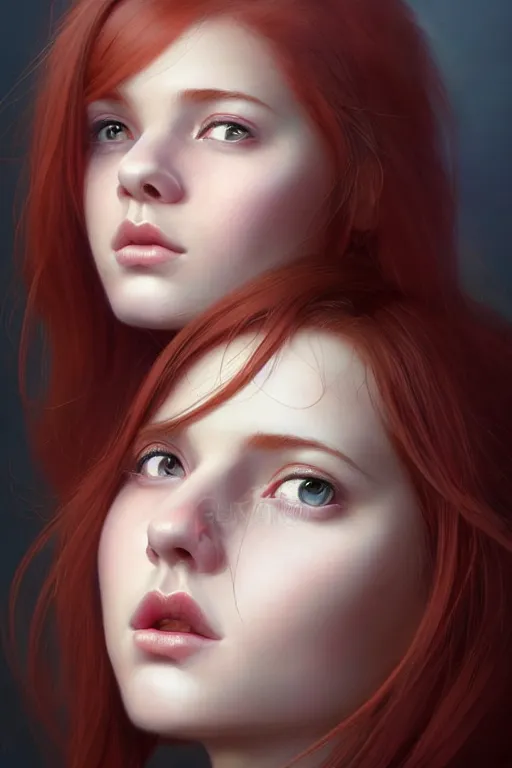 Prompt: ultra realistic style illustration of a cute red haired young woman with a smirky face, 1 9 year old, headshot, sci - fi, fantasy, intricate, elegant, digital painting, artstation, concept art, smooth, sharp focus, illustration, 8 k frostbite 3 engine, ultra detailed, art by artgerm and greg rutkowski and magali villeneuve