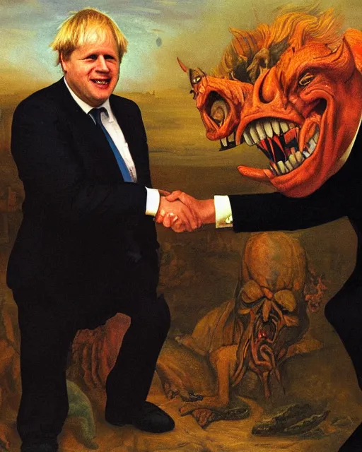 Image similar to an oil painting of uk politician former prime minister boris johnson having a meeting with the devil satan in the fiery pits of hell, demonic imagery, pagan, satanic symbolism, smiling and shaking hands, 4 k detail