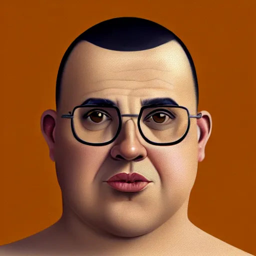 Prompt: 50 year old chubby thinner brunette man with very short hair, buzz cut, round circle face, round jaw, wide chin , romanian, silver small glasses, romanian heritage, brown eyes, brown eyes, olive skin, round round round nose, round chin, clean shaven wide wide wide face, thin lips, digital art, concept art, cgsociety, painterly, painting, 8k, illustration, painting, dramatic, beautiful, art by loish loish loish, cartoon, stylized painterly, trending on artstation, medium shot, uncropped