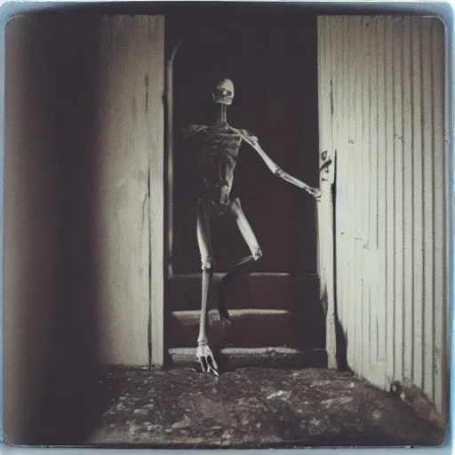 Image similar to a humanoid creature at the bottom of a dark stairwell, dark!, creepy!!!, unsettling, uncanny valley!, old polaroid, expired film,