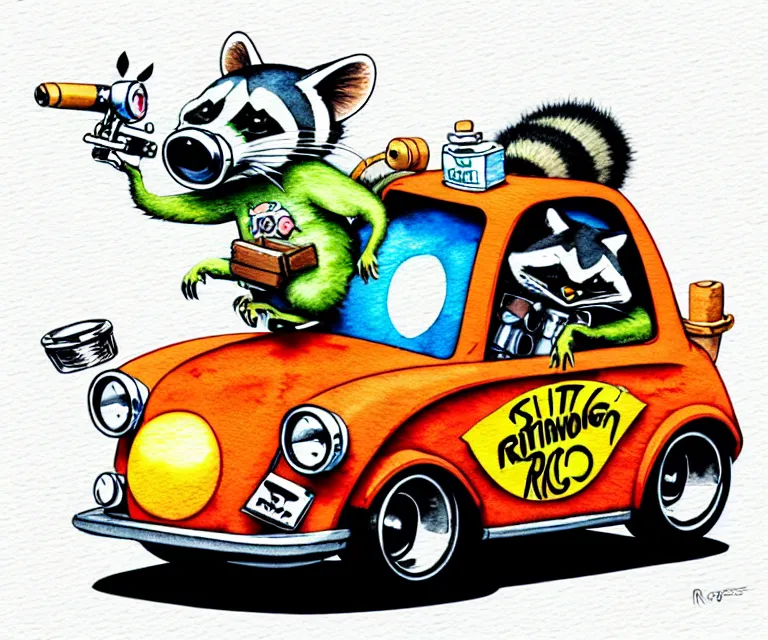 Image similar to cute and funny, ( racoon [ smoking cigar ] ) riding in a tiny hot rod with oversized engine, ratfink style by ed roth, centered award winning watercolor pen illustration, isometric illustration by watercolor girl, edited by range murata, tiny details by artgerm, symmetrically isometrically centered