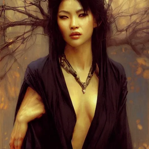 Image similar to detailed cinematic wide shot of beautiful attractive asian vampire woman slim face symettrical face clean skin black eyes black robe smooth, sharp focus, ultra realistic, spring light, painting by gaston bussiere, craig mullins, j. c. leyendecker