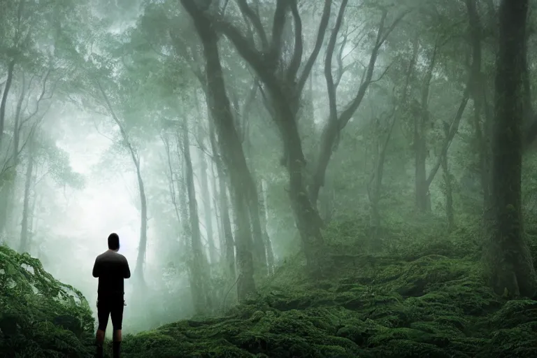 Image similar to a hiker staring at a complex organic fractal 3 d ceramic sphere floating in a lush forest, foggy, cinematic shot, photo still from movie by denis villeneuve