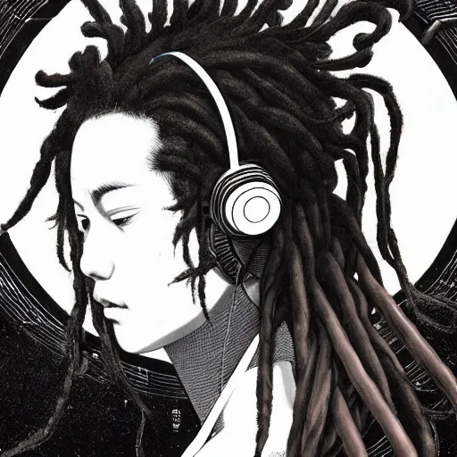 Prompt: a beautiful ukiyo painting of robot with dreadlocks and headphones in profile view, wearing space techwear, detailed symmetrical close up portrait, intricate complexity, by takato yamamoto, wlop, krenz cushart. cinematic dramatic atmosphere, sharp focus