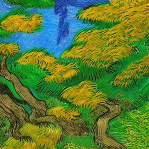 Image similar to japanese landscape, japanese kappa from harvest moon game in front, digital art, looks like van gogh painting