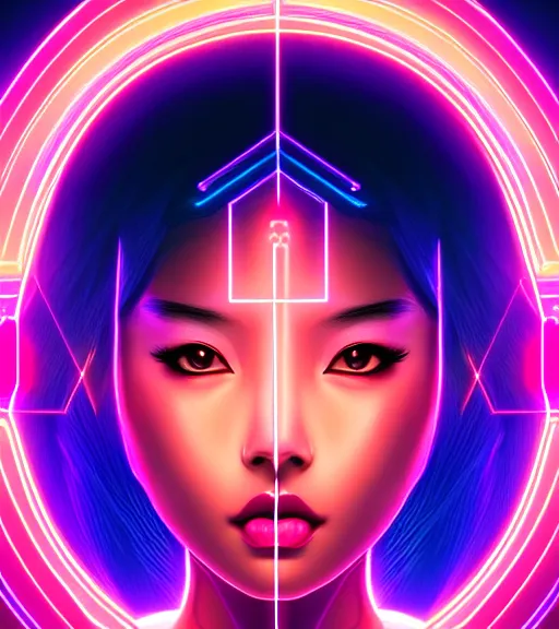 Image similar to symmetry!! asian princess of technology, solid cube of light, hard edges, product render retro - futuristic poster scifi, lasers and neon circuits, beautiful dark skin asian princess, intricate, elegant, highly detailed, digital painting, artstation, concept art, smooth, sharp focus, illustration, dreamlike, art by artgerm
