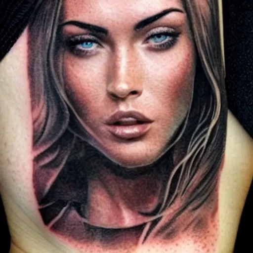 Image similar to realistic tattoo sketch of megan fox face professional double exposure effect with beautiful mountain scenery, in the style of matteo pasqualin, amazing detail, sharp, faded