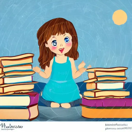 Image similar to a cute little girl with a round cherubic face, blue eyes, and short wavy light brown hair sitting on top of a stack of books. beautiful cartoon painting with flat colors and highly detailed face, outlining, children's storybook