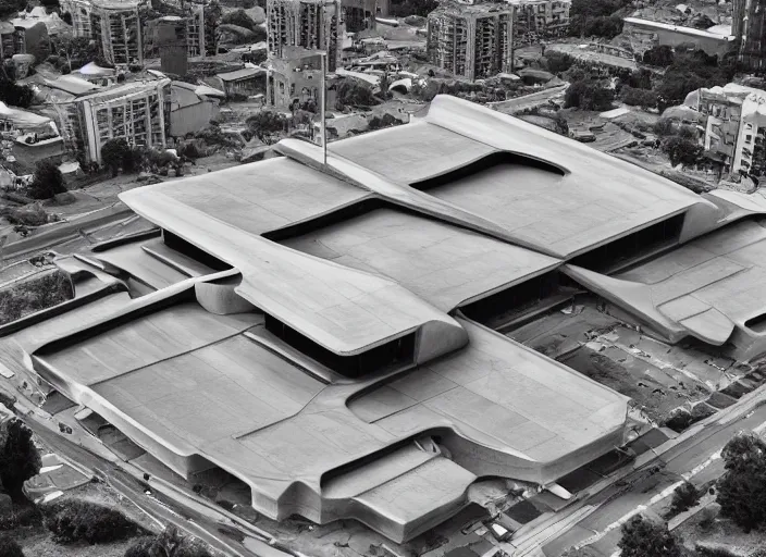 Image similar to a brutalist church, air view, futuristic