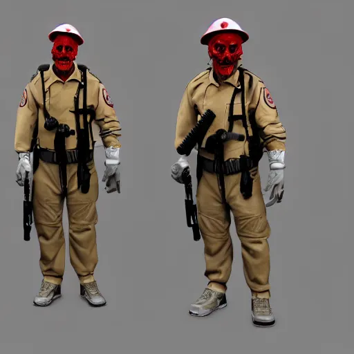 Prompt: ( glowing red zombie ) security officers beige!! uniform and caps trending on artstation very realistic proportional accurate high detail 4 k 8 k hd