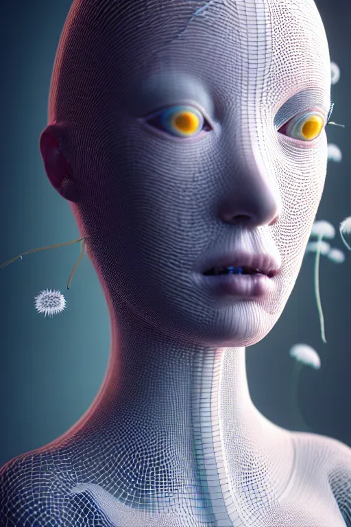 Prompt: intricate hyper detailed ultra sharp 3 d render of a beautiful porcelain cyberpunk women, unity of mood, large pore fungi embroidered, bright light, art nouveau, haute couture alexander mcqueen leaves stems dahlia transparent fractal dandelion yellow pistil filigree roots, octane render, volumetric cinematic lighting, 8 k post - production