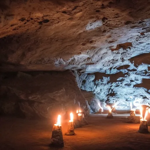 Image similar to a fighting stone-arena, inside a cave, with torches on the walls