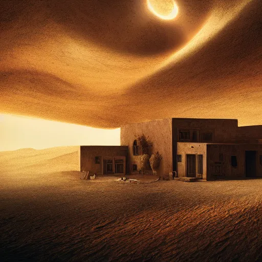 Prompt: Organic shaped farm house on mars desert, Atmosferic feel, warm light, Illustration, Filmic, by Annibale Carracci, Artstation