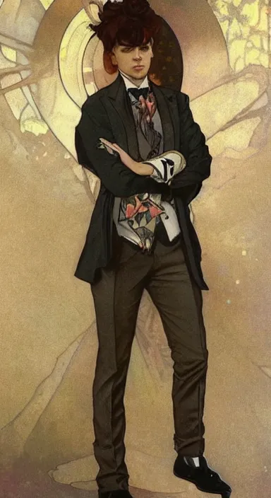 Image similar to Full body portrait of a pretty cat boy in his twenties in fancy clothes. Art by Greg Rutkowski and Alphonse Mucha