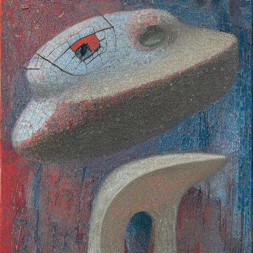 Image similar to a detailed, impasto painting by shaun tan and louise bourgeois of an abstract, forgotten sculpture by ivan seal and the caretaker