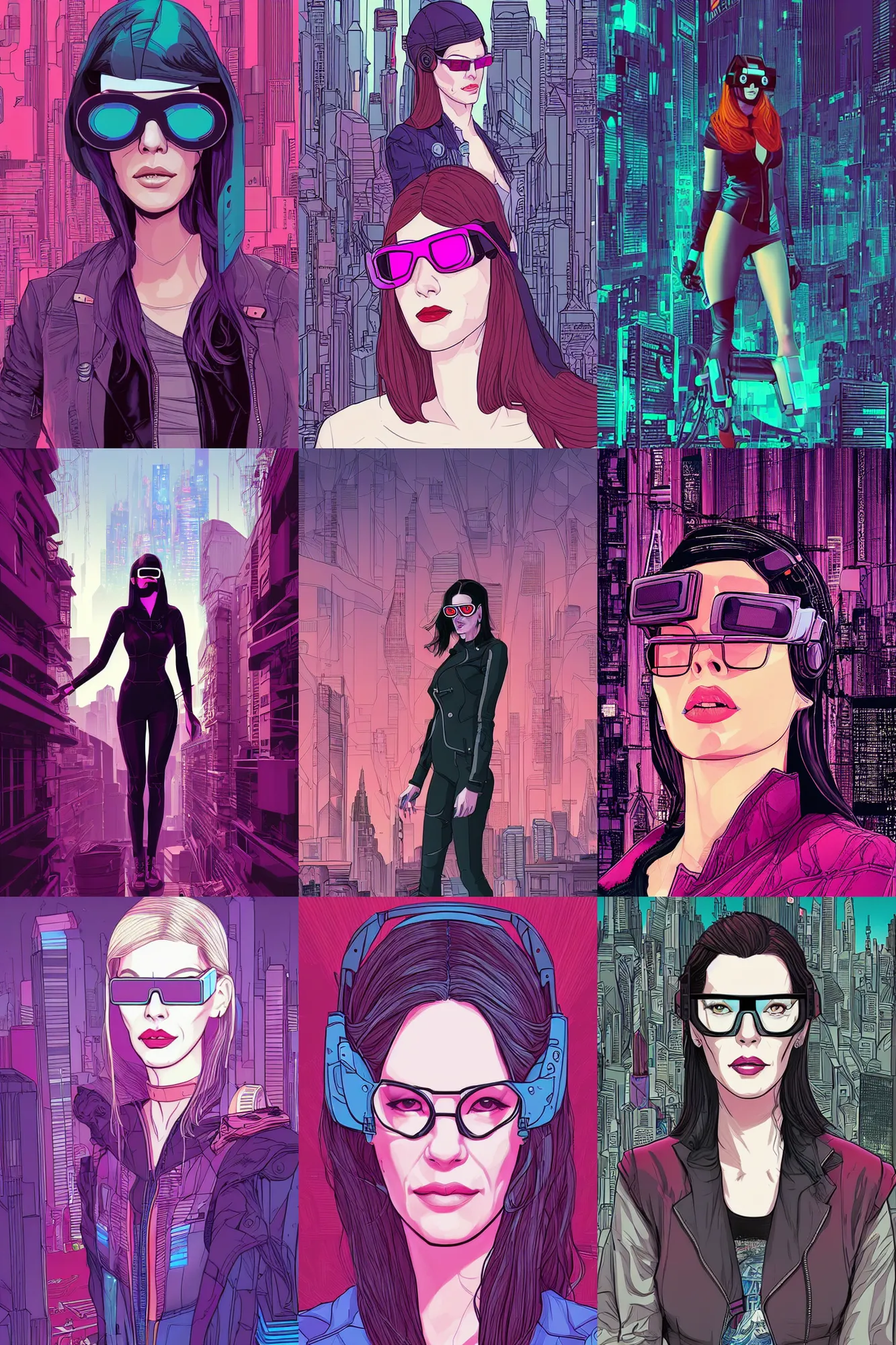 Prompt: liv tyler portrait thin vr glasses, cyberpunk clothes, night city in the background, flat colors, defined lines, by josan gonzalez