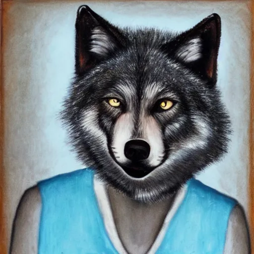 Prompt: retarded wolf portrait, frida