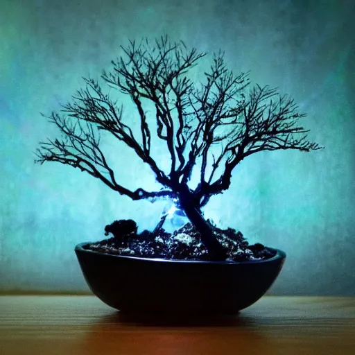 Prompt: dark eerie photo, miniature forest bonsai, glowing branches and crystals leaves, nacreous lights, wispy glowing ink horrors. iridescent, prismatic, fluorescent