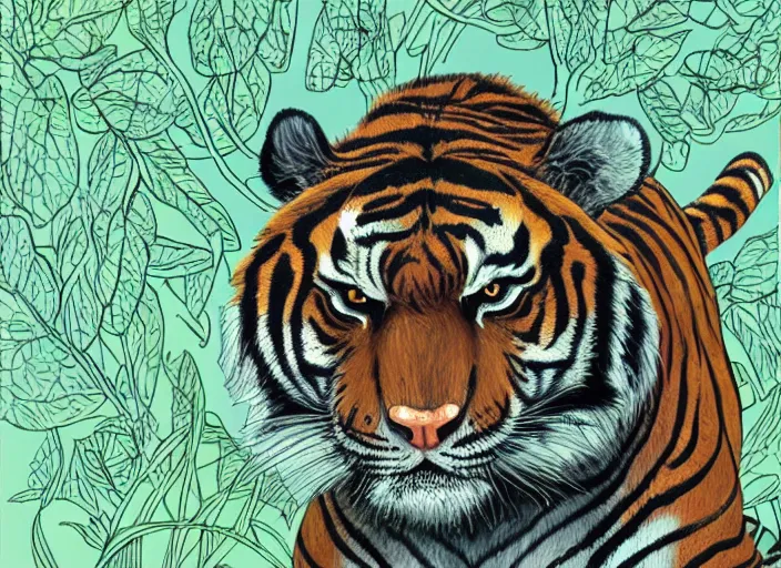 Image similar to a tiger in the centella asiatica in android jones style