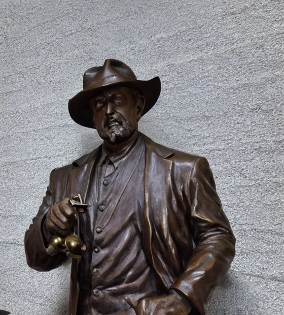 Image similar to a 4 k photorealistic photo medium shot of a bronze statue of a man wearing a fedora holding one revolver in each hand.