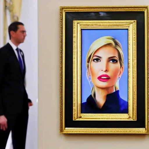 Image similar to FBI agents standing in front Donald’s trump safe in his office with a painting of Ivanka trump hanging over the safe