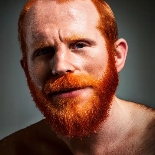 Image similar to photograph of a ginger male, middle aged balding superhero