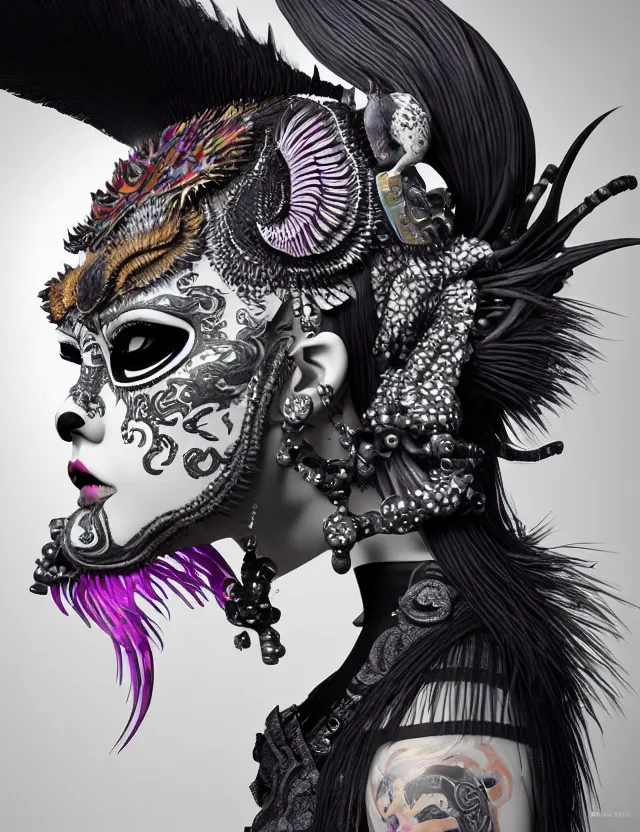 Image similar to 3 d goddess close - up profile portrait punk with mohawk with ram skull. beautiful intricately detailed japanese crow kitsune mask and clasical japanese kimono. betta fish, jellyfish phoenix, bio luminescent, plasma, ice, water, wind, creature, artwork by tooth wu and wlop and beeple and greg rutkowski