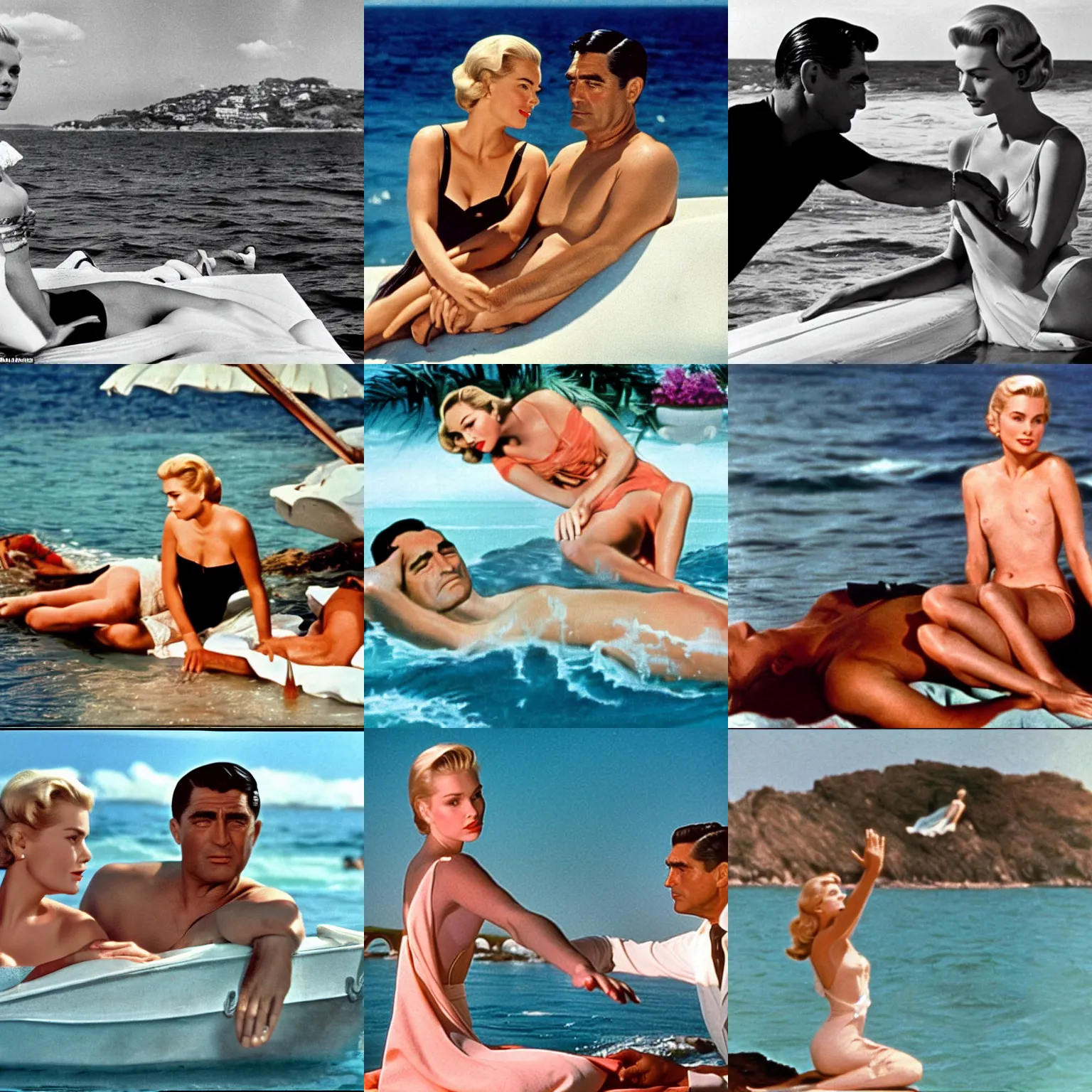 Prompt: scene on the sea from to catch a thief with grace kelly sunbathing and cary grant swimming in the style of birth of venus