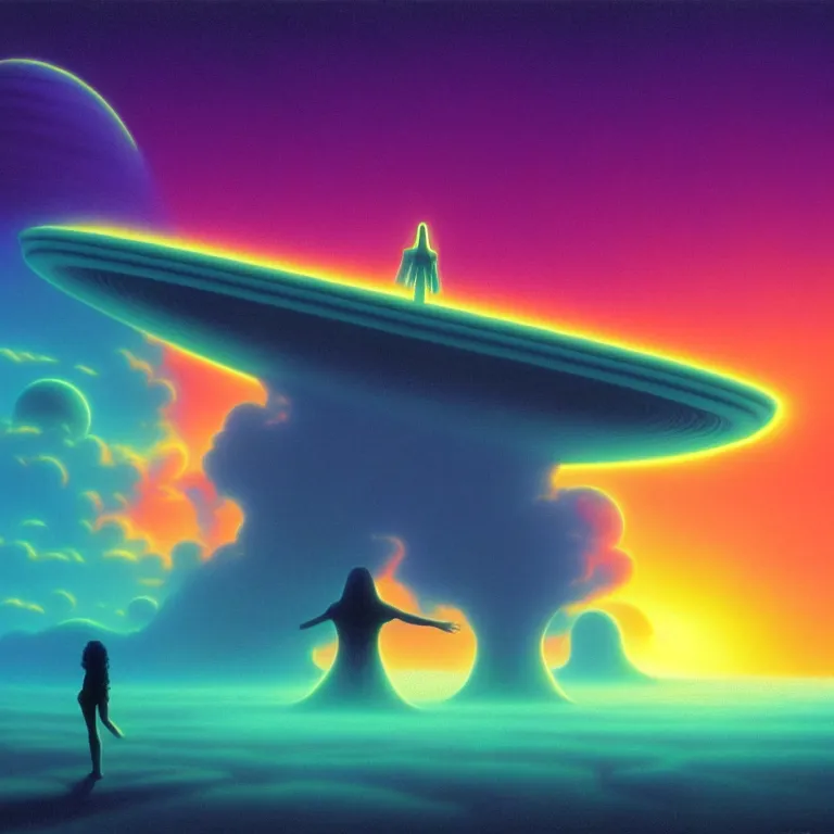 Prompt: mysterious ufo abduction female silhouette, infinite sky, synthwave, fractal waves, bright neon colors, highly detailed, cinematic, tim white, roger dean, michael whelan, caza, bob eggleton, philippe druillet, vladimir kush, kubrick, alfred kelsner, vallejo