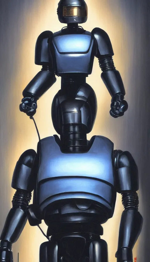 Image similar to robocop, oil painting, rim lighting, by jeff smith