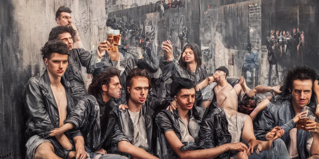 Prompt: beautiful oil matte portrait painting, 8 0 s punks sitting on top of the berlin wall drinking beer, wonderful masterpiece highly detailed, beautiful cinematic light deep focus, elegant, digital painting, smooth, sharp focus, golden ratio, dramatic illumination, ultra realistic, 8 k, art by jimmy law