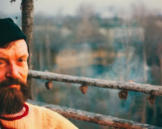 Image similar to lomographic tarkovsky film still of 4 0 years russian man with beard and sweater standing on small hrushevka 9 th floor balcony in taiga looking at sunset, perfect faces, cinestill, bokeh