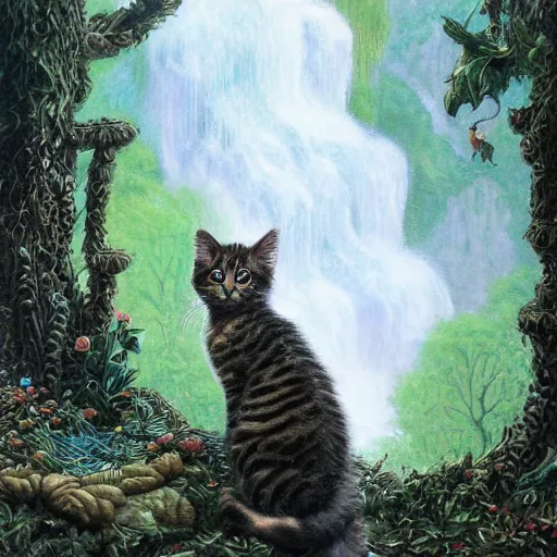 Image similar to painting of one kitten in the enchanted forest standing on the steps and watching the waterfall, fantasy, intricate, extremely detailed, matte, featured in artstation, art by louis wain, greg rutkowski