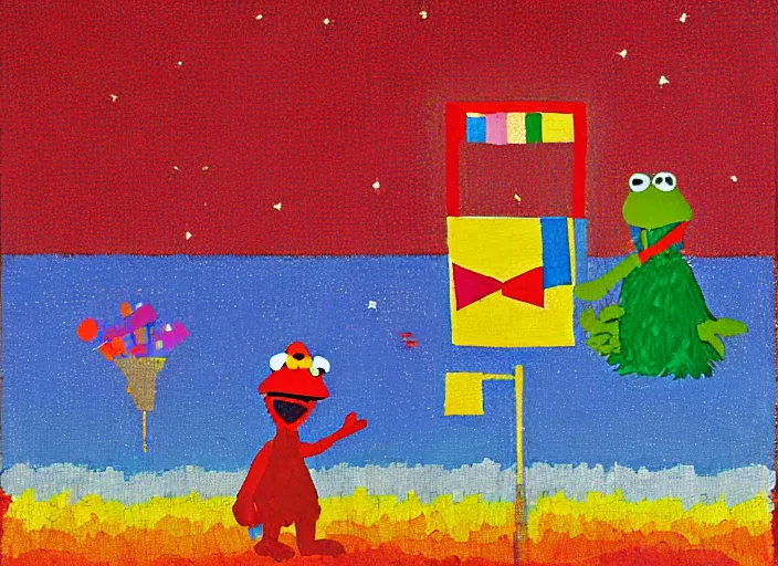 Image similar to pixel decollage painting trash can toter as tarot card fool with sesame street elmo and kermit muppet on a horse knight in a dark red cloudy night sky background and golden foil jewish stars , mountain lake and blossoming field in background, painted by Mark Rothko, Helen Frankenthaler, Danny Fox and Hilma af Klint, pixelated, neo expressionism, semi naive, pastel colors, cinematic, color field painting, cave painting, voxel, pop art look, outsider art, minimalistic. Bill Traylor painting, part by Philip Guston and Francis Bacon. art by Adrian Ghenie, very coherent symmetrical artwork, cinematic, hyper realism, high detail, octane render, unreal engine, Smooth gradients, depth of field, full body character drawing, extremely detailed, 8k, extreme detail, intricate detail, masterpiece