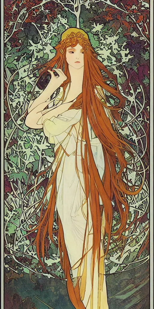 Prompt: Ethereal elven goddess of autumn leaves and first snow. Manga artbook illustration by CLAMP and Alphonse Mucha.