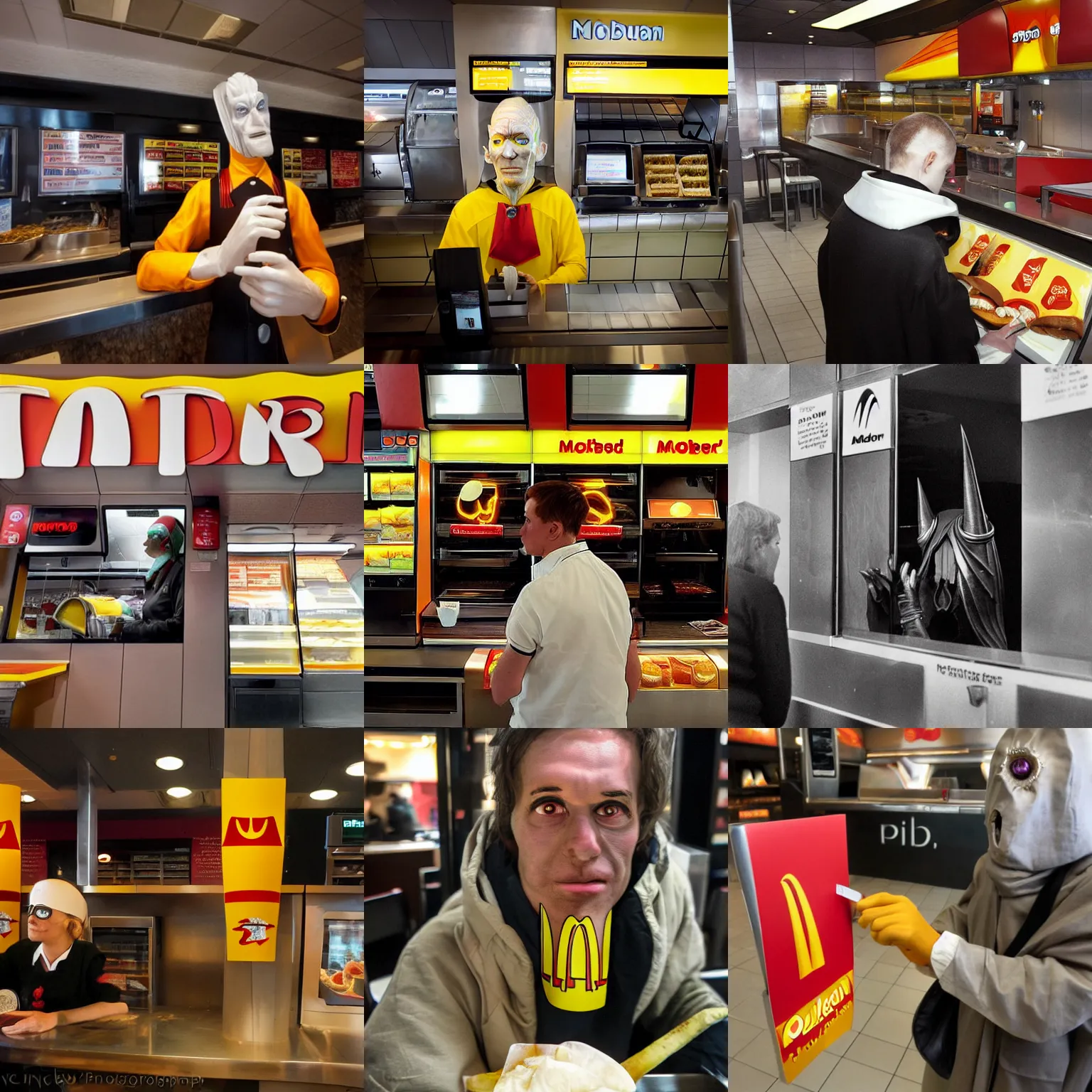 Prompt: Sauron working in McDonalds after fall of mordor, photojournalism