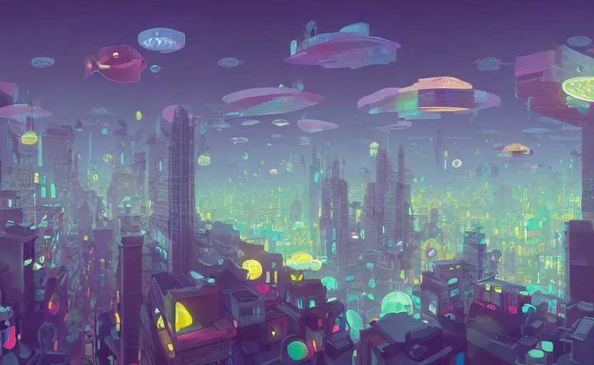 Prompt: Wide angle shot of a city with holographic fishes floating in the sky by Petros Afshar, James Gilleard, Mark Ryden, Wolfgang Lettl highly detailed, Dark cineamtic and atmospheric lighting