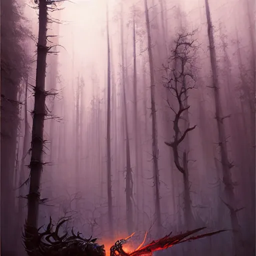 Image similar to ''cinematic shot'' hooded dark demon mage reinccarnating skeletons with golden armor and spears in the dead forest full of monster atmosferic dark foggy made by ivan aivazovsky, peter mohrbacher, greg rutkowski volumetric light effect broad light oil painting painting fantasy art style sci - fi art style realism premium prints available artwork unreal engine